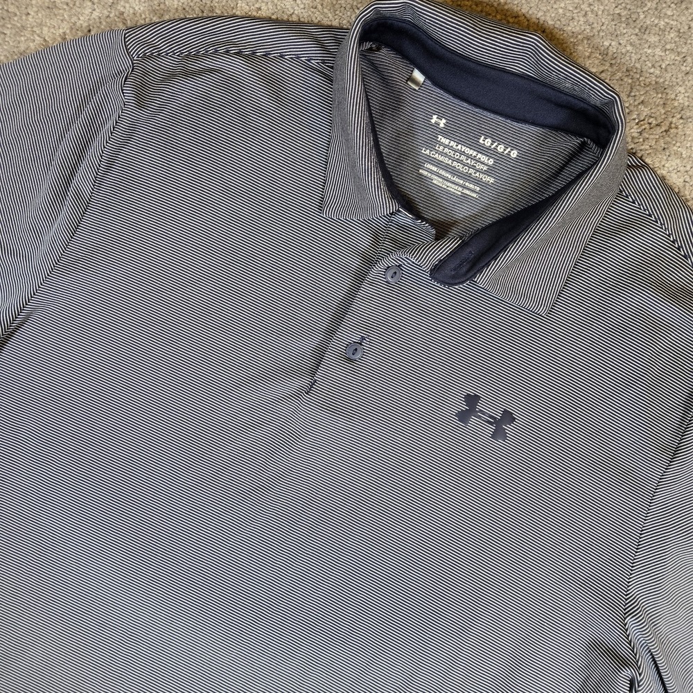 Under Armour Polo Mens Large Navy Pinstriped Playoff Polo Performance Golf